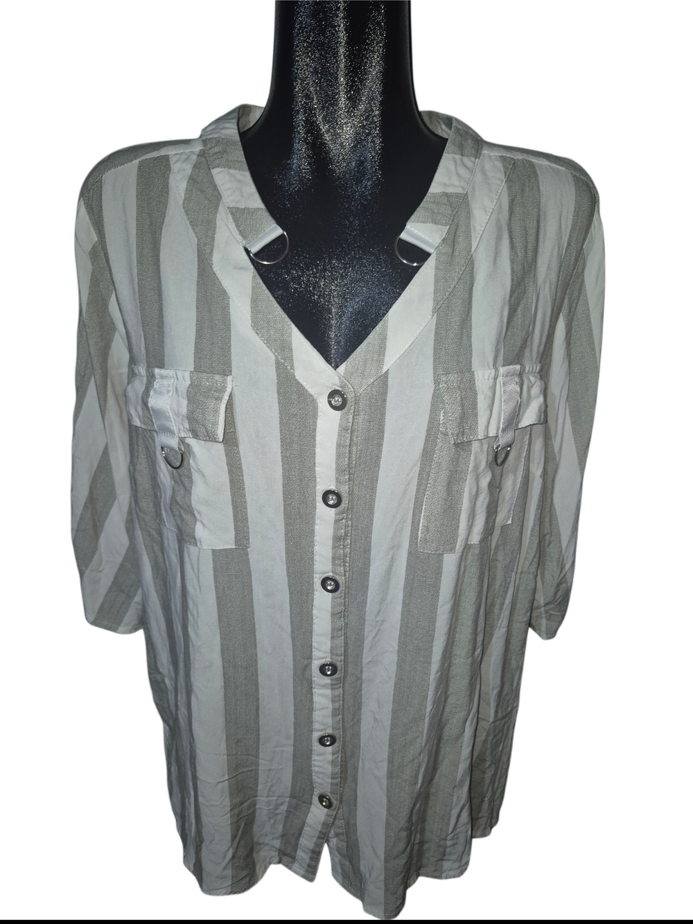 Claire France Striped Button-Front Open Neckline Shirt In Gray & White Size 18